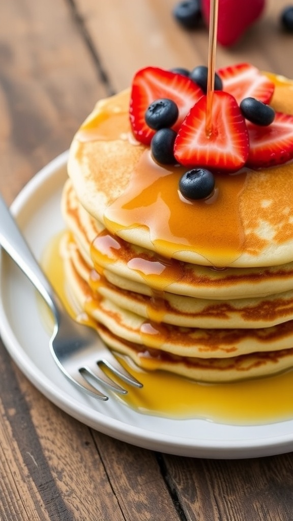 A stack of fluffy vanilla pancakes topped with strawberries and blueberries, drizzled with syrup on a rustic table.
